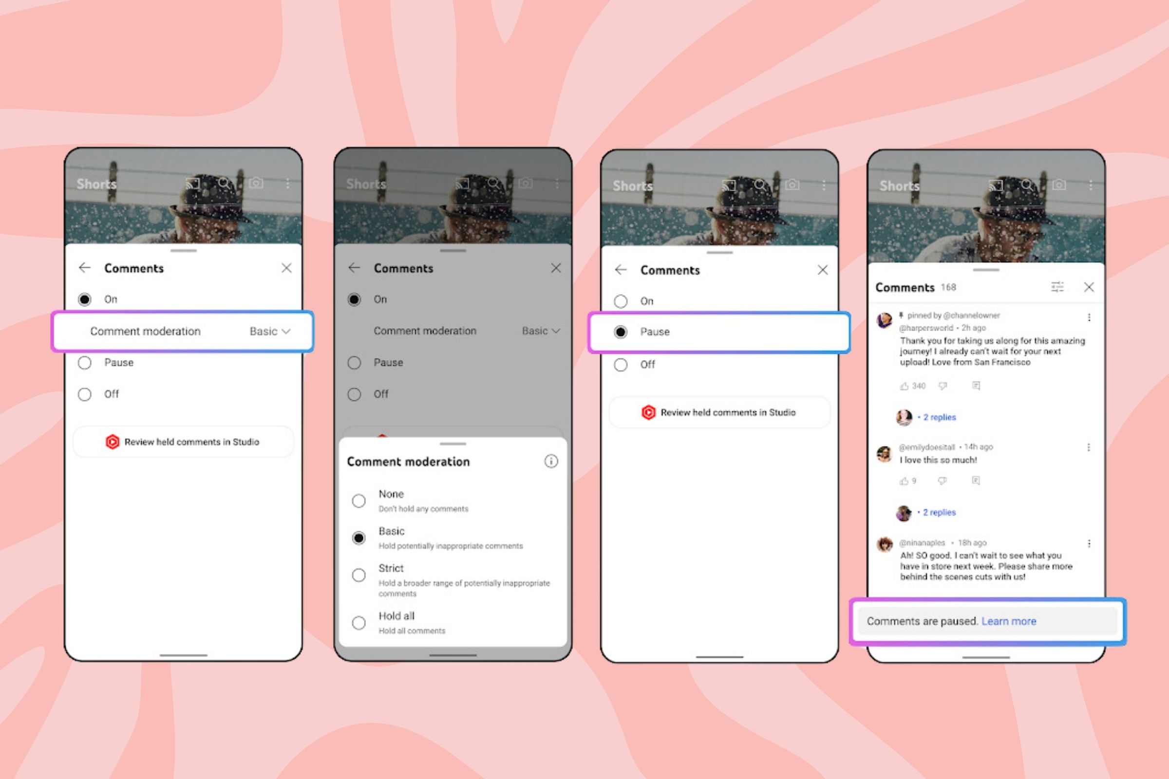 Four screenshots oin a mobile depicting YouTube’s new pause option for comment moderation.