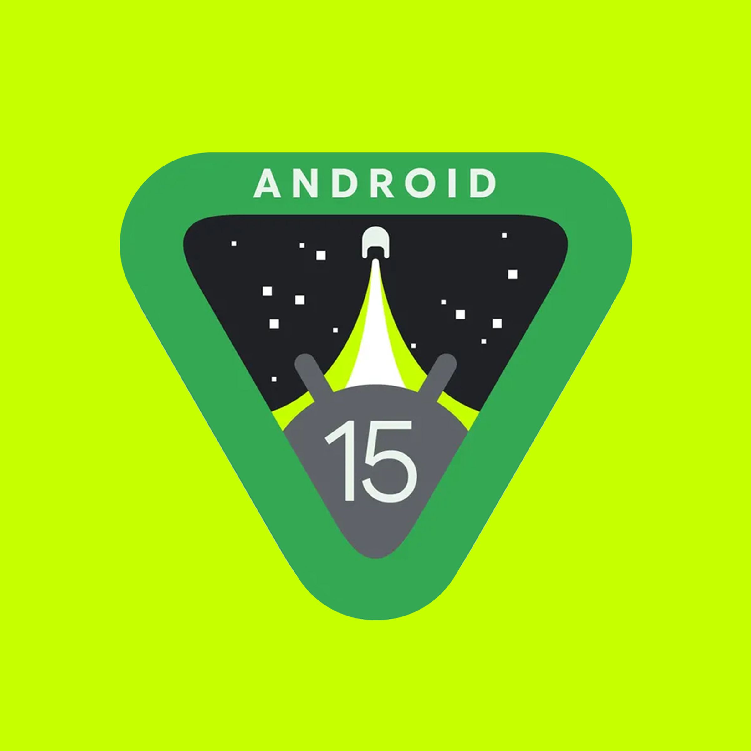 The Android 15 logo on a light green background.