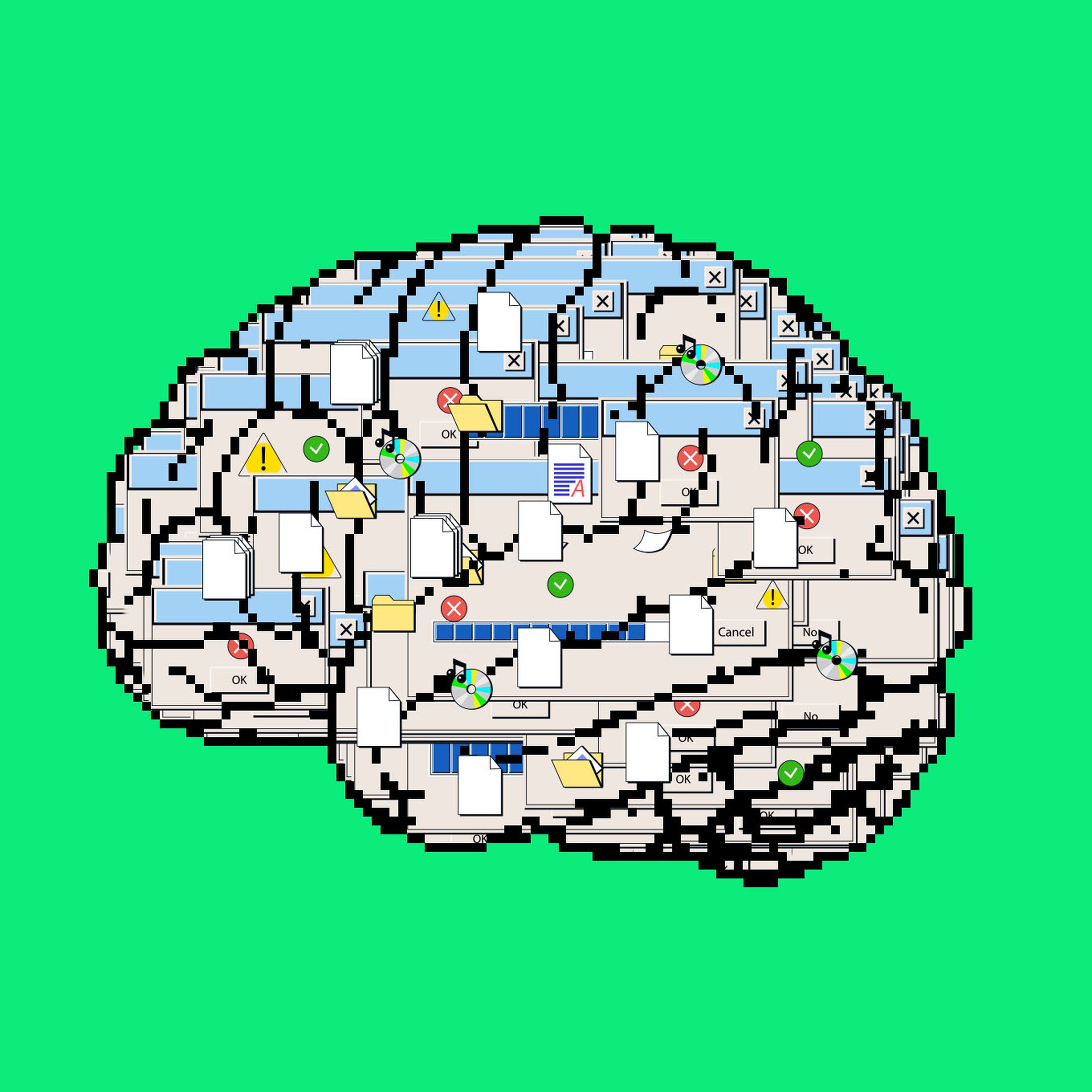 Illustration of a line art pixel brain filled with computer commands, files, and folders.