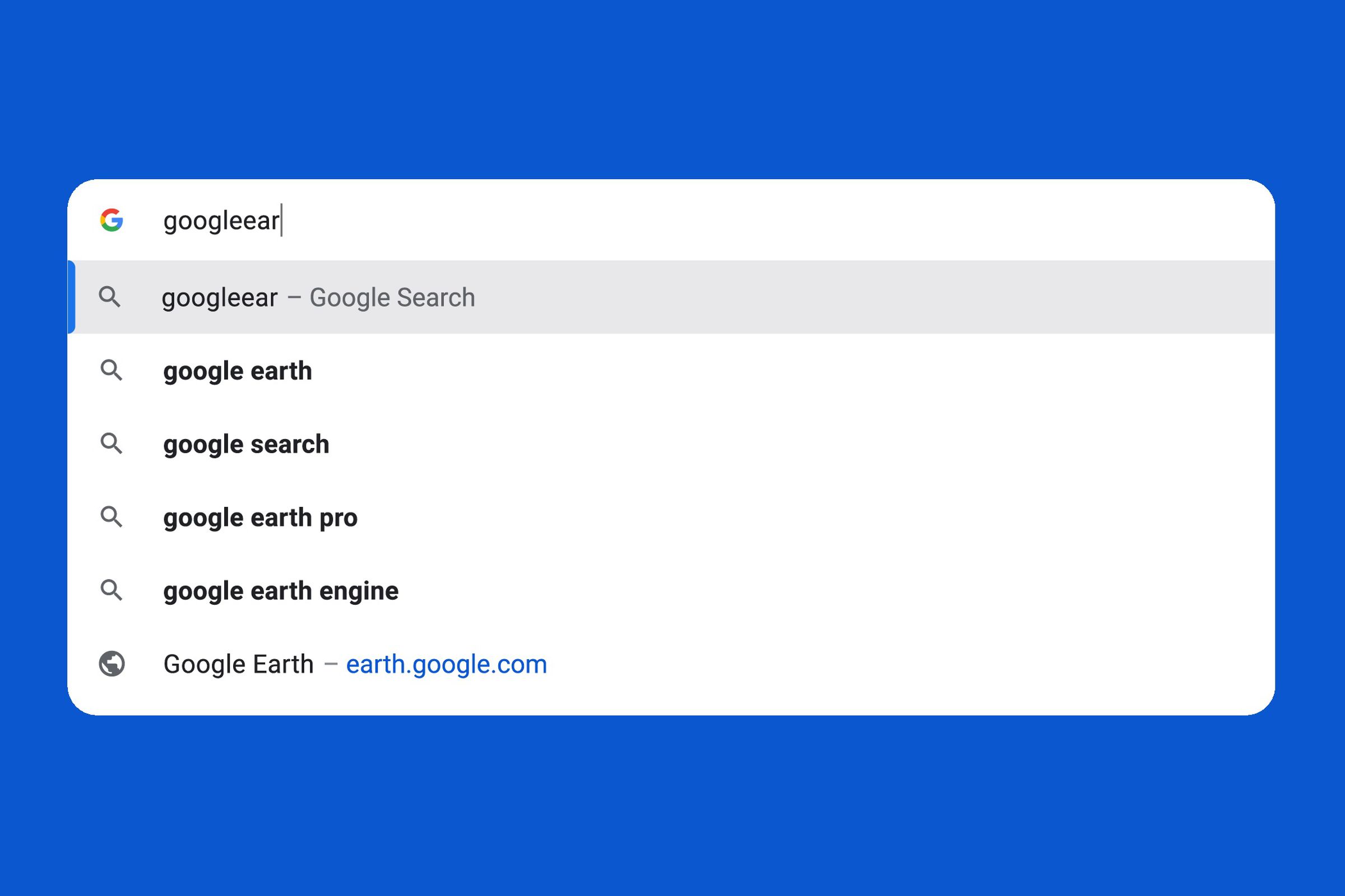 An image of a Google search for “Google Earth” on a blue background.