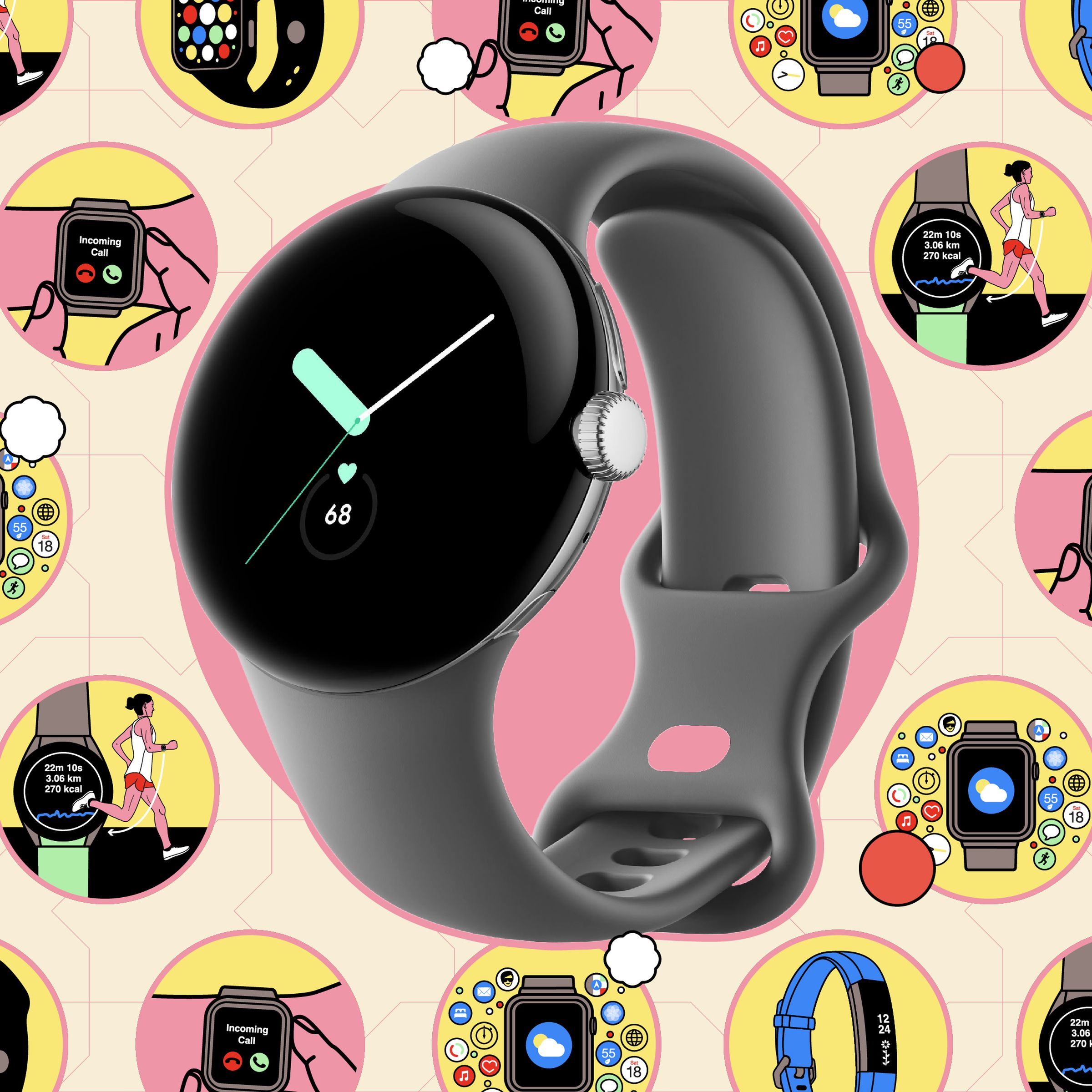 Pixel Watch on a colorful background of smartwatch illustrations