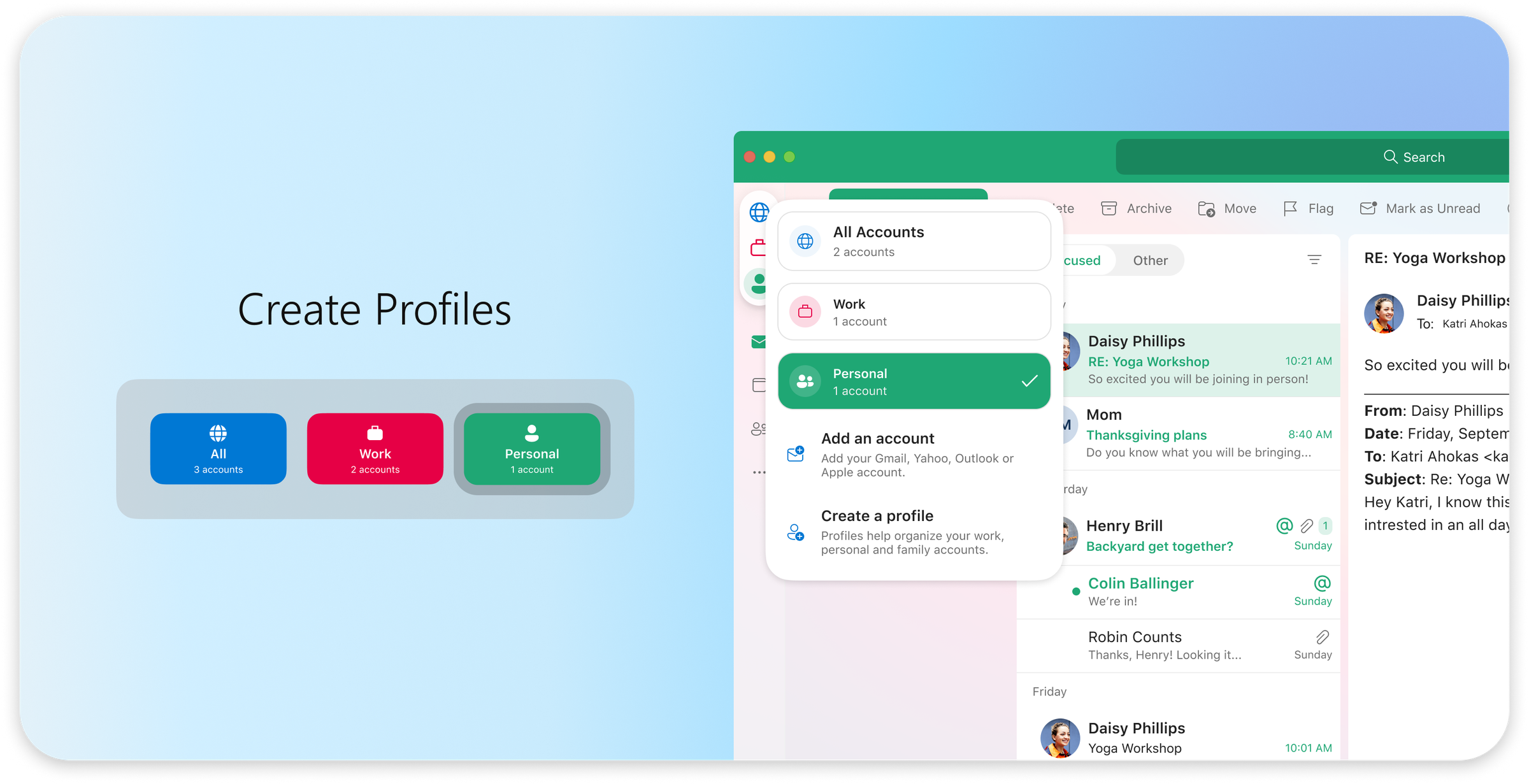 The new profiles feature in Outlook for Mac