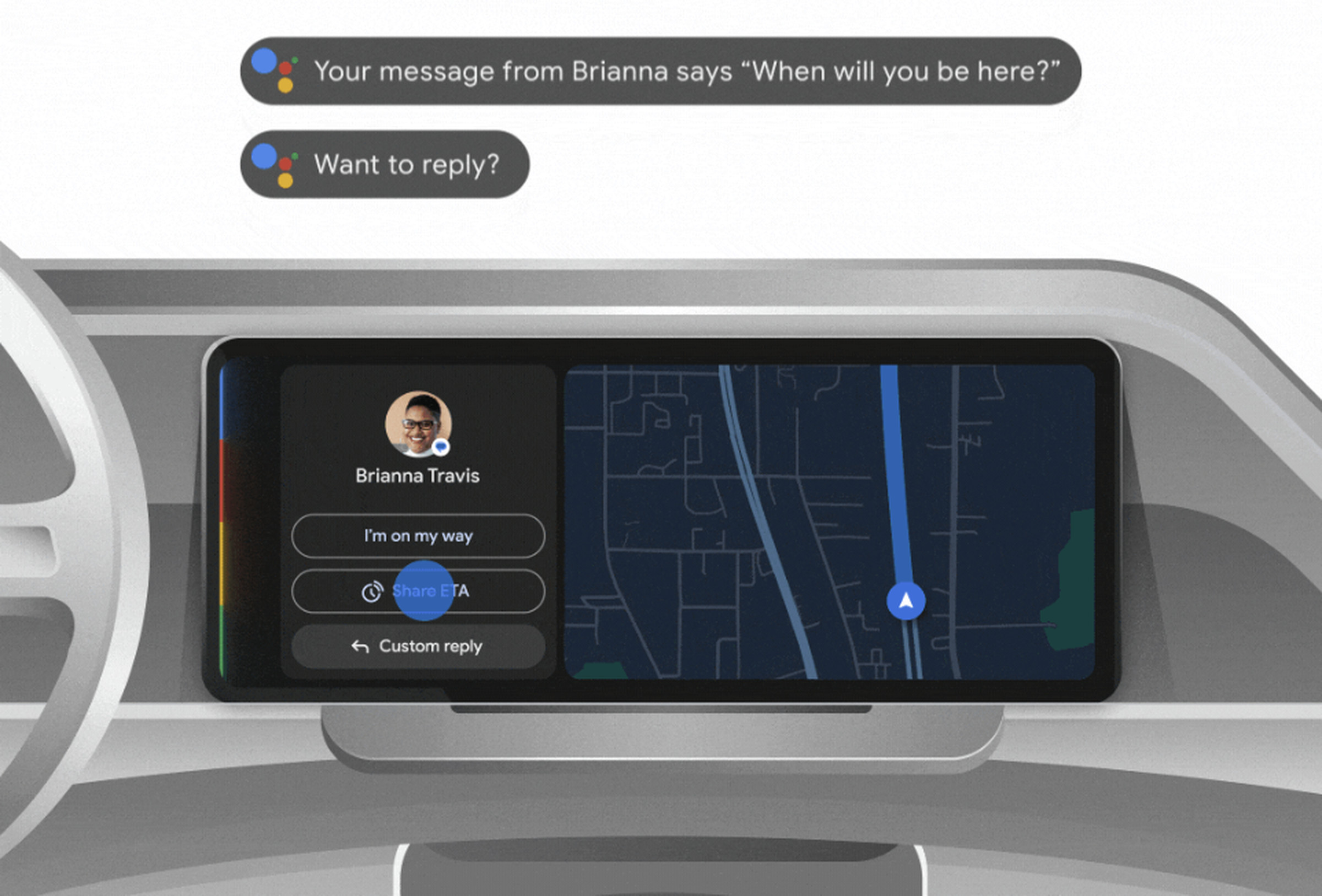 Simulated image of Android Auto interface with automatic responses generated to text.