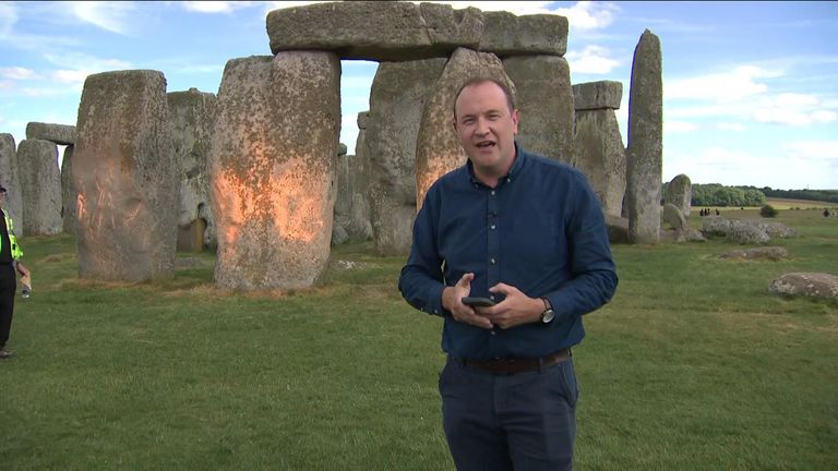 Sky&#39;s Dan Whitehead has the latest from Stonehenge after two Just Stop Oil activists sprayed the landmark in orange powder paint