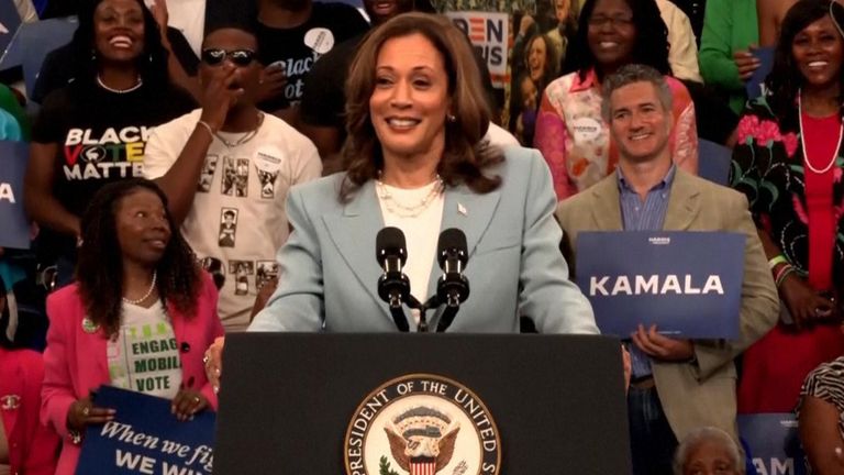 ‘Well Donald, I do hope you’ll reconsider to meet me on the debate stage, because as the saying goes – if you got something to say, say it to my face,’ Kamala Harris said at the Atlanta rally. 