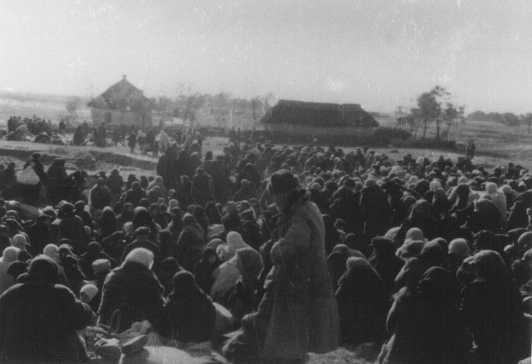 Over one thousand Jews from the Ukrainian town of Lubny, ordered to assemble for "resettlement," in an open field before they were ...