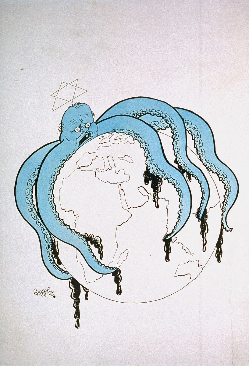 Propaganda cartoon warning of a worldwide Jewish conspiracy.