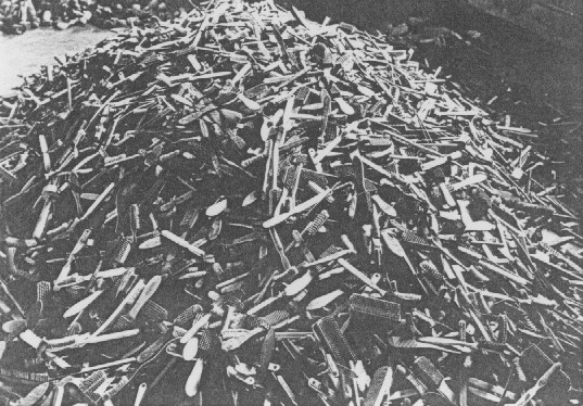 Hairbrushes of victims, found soon after the liberation of Auschwitz. [LCID: 18375]