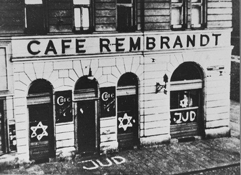 A Jewish cafe painted with antisemitic graffiti. Vienna, Austria, November 1938.