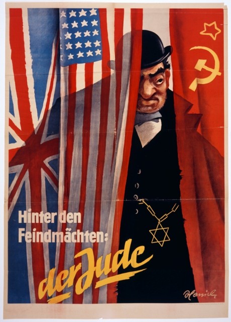 Nazi propaganda often portrayed Jews as engaged in a conspiracy to provoke war. [LCID: 17401a]