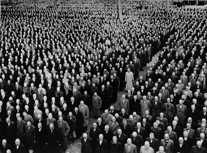 Roll call for newly arrived prisoners, mostly Jews arrested during Kristallnacht (the "Night of Broken Glass"), at the Buchenwald ...