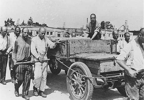 Prisoners at forced labor. Photo taken during an SS inspection. [LCID: 11251a]