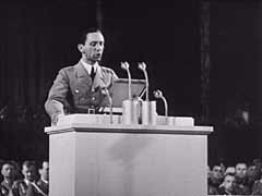 This footage shows Joseph Goebbels, Nazi minister for propaganda and public education, speaking at the September 1935 Nazi Party Congress in Nuremberg. In the speech, Goebbels--a fanatic antisemite--linked Bolshevism with international Jewry and warned Nazi party members of an alleged international Jewish conspiracy to destroy western civilization. Goebbels led the purge of Jewish and other so-called "un-German" influences from the cultural institutions of Nazi Germany.