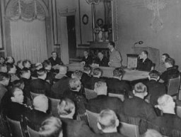 Nazi minister of propaganda Joseph Goebbels delivers a speech to his deputies for the press and arts. [LCID: 81273]