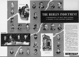 Encarte preparado para os soldados dos EUA. Este diagrama, publicado na edição internacional do "Infográfico para as Forças Armadas", explica as acusações contra os réus julgados pelo Tribunal Militar Internacional em Nuremberg. 1945.