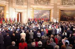 Scene during the 2001 Days of Remembrance ceremony, in the Rotunda of the US Capitol. Flags of the liberating divisions feature prominently in the Museum's Days of Remembrance ceremonies. Washington, DC, 2001.