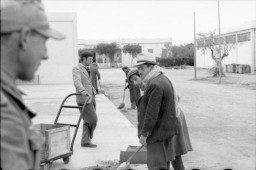 As a German soldier looks on, Tunisian Jews are forced to sweep the street and move a wooden crate on a hand cart. Tunisia, 1942-43.
Photograph courtesy of Bundesarchiv, German Federal Archives