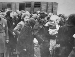 Ebrei provenienti dai Subcarpazi scendono dal treno e si radunano sulla banchina, nel centro di sterminio di Auschwitz-Birkenau, nella Polonia occupata dai Tedeschi. Maggio 1944.
 