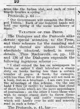 In this London Times article, reporter Philip Graves compared passages from Maurice Joly’s Dialogue in Hell Between Machiavelli and Montesquieu (1864) side-by-side with the Protocols of the Elders of Zion in order to prove that the Protocols was plagiarized. Other investigations revealed that one chapter of a Prussian novel, Hermann Goedsche’s Biarritz (1868), also “inspired” the Protocols. Times (London), August 17, 1921.