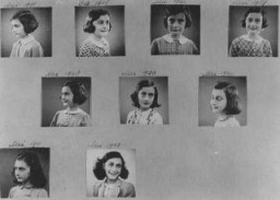 Egy oldal Anne Frank fényképalbumából, amelyen 1935 és 1942 között készült pillanatképek láthatók. Amszterdam, Hollandia.