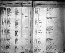 Dos páginas del registro de muertes de Hadamar que mencionan causas de muerte falsas. Miles de personas discapacitadas física y mentalmente fueron asesinadas como parte del Programa de Eutanasia. Alemania, 5 de abril de 1945.