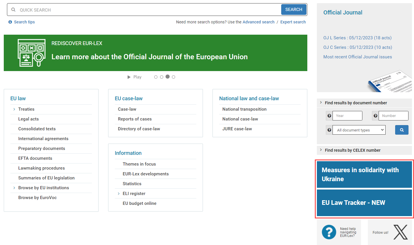 Screenshot of the EUR-Lex homepage with the side banners highlighted