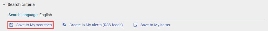 image highlighting the button Save to my searches under Sear criteria