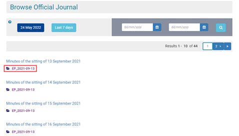 screen shot showing the folder icon and link for a European Parliament session