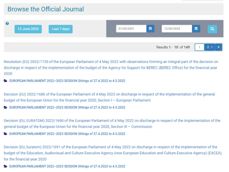 screen shot of a list of European Parliament sessions with titles