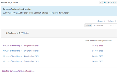 screen shot of the contents of a European Parliament session, showing a list of meeting minutes with dates