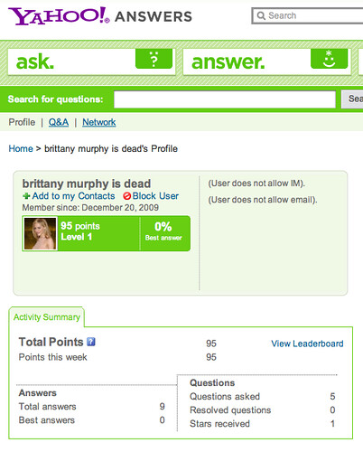 Yahoo! Answers - brittany murphy is dead_s Q&A profile