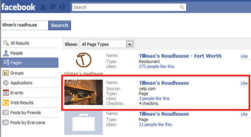 Tillman's Roadhouse Yelp listing on Facebook