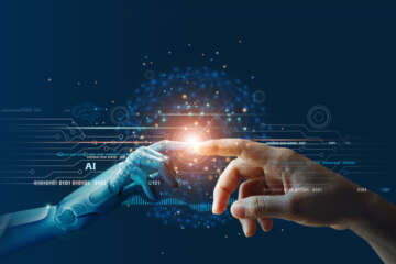 AI, Machine learning, Hands of robot and human touching on big data network connection background, Science and artificial intelligence technology, innovation and futuristic.