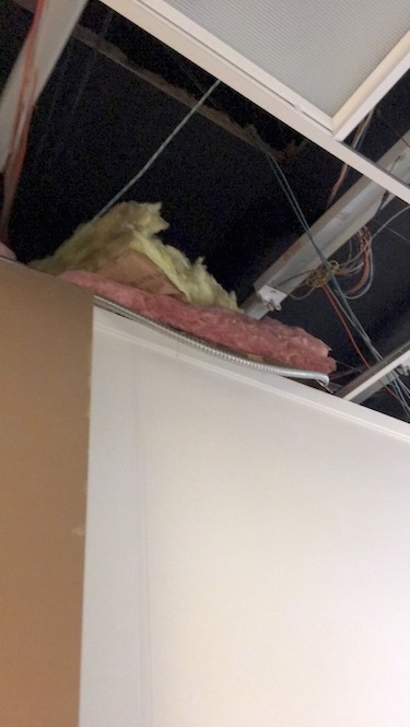 looking up at a ceiling that has the ceiling panel removed with both a pink anf a yelloe bat of fiberglass laying exposed to the air