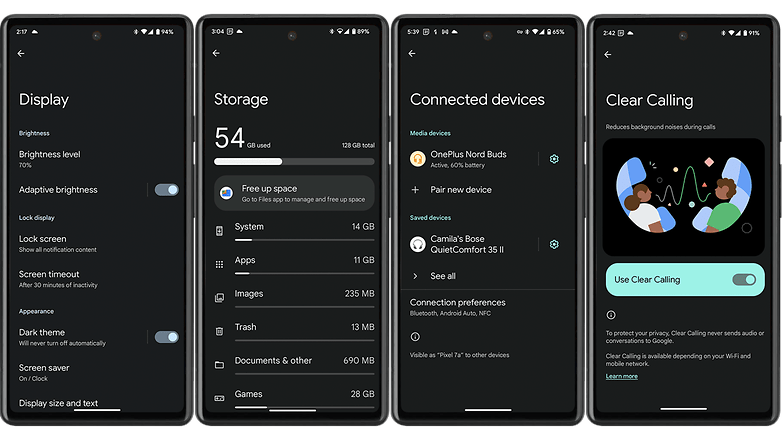 Google Pixel 7a user interface screenshots