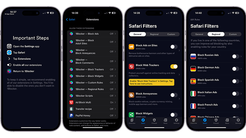 Screenshots of the 1Blocker app user interface