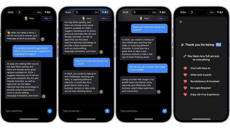 Screenshots of the Nova AI app user interface