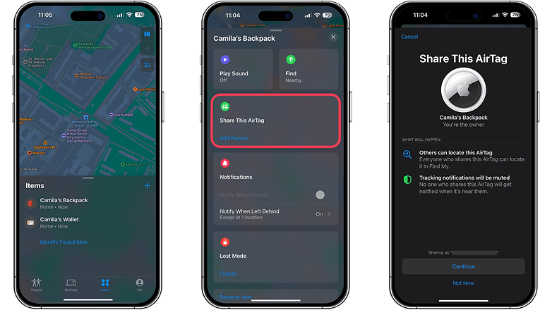 Screenshots displaying how to share items like the AirTags on iOS 17