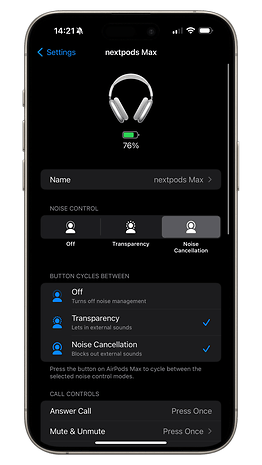 Screenshot der iOS 17-Einstellungen der AirPods Max mit aktiver Geräuschunterdrückung und Transparen