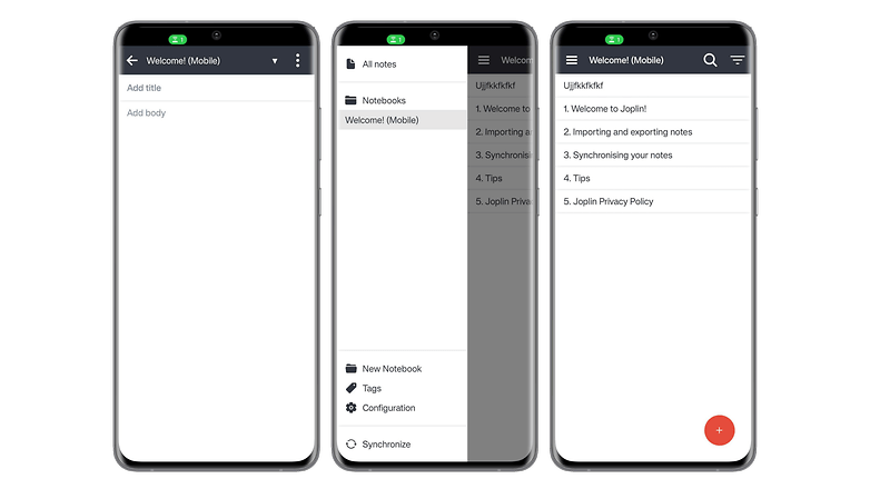 Screenshots of the Joplin app user interface