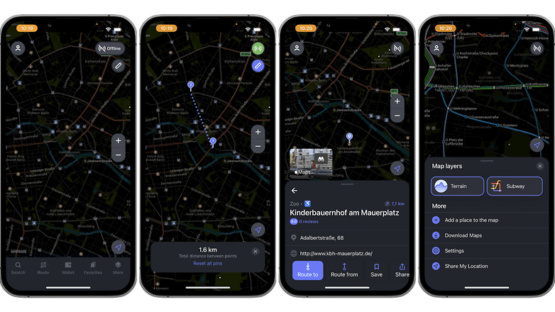 Screenshots of the Maps.Me app user interface