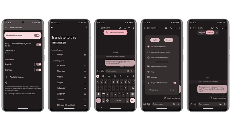 Screenshots der Nachrichtenübersetzung unter Android 13
