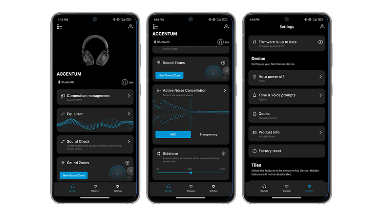 Screenshots der Sennheiser Smart Control-App mit der Startseite und den Einstellungen von Sennheiser Accentum Wireless