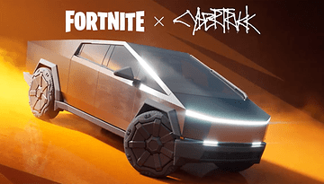 Cybertruck vor einem Cybertruck- und Fortnite-Logo