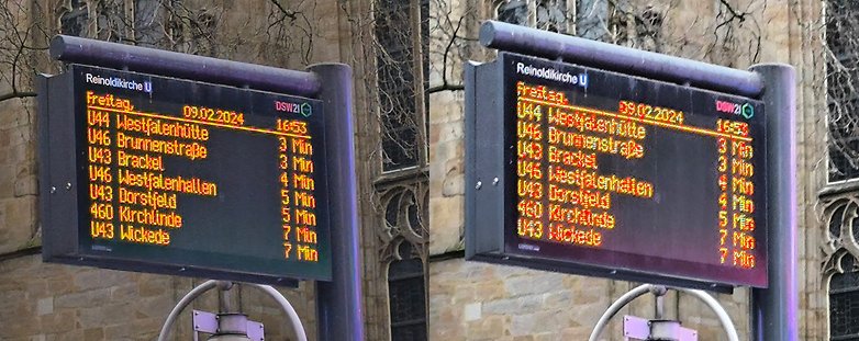 Zwei Bilder einer LED-Tafel mit Abfahrtzeiten der U-Bahn, einmal mit Zoom und einmal mit 200-MP-Cam fotografiert