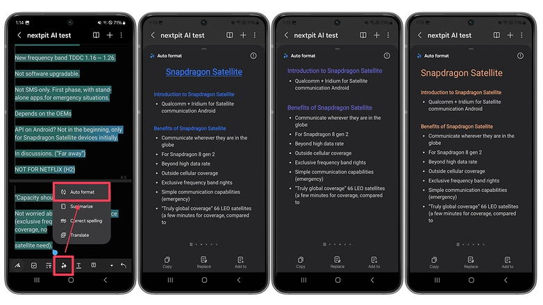 Screenshots der Autoformat-Funktion von Galaxy AI in Samsung Notes