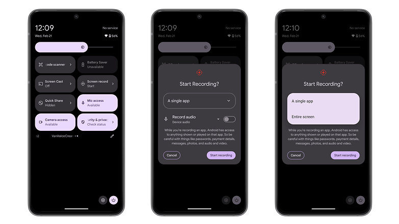 Android 15 screenshots showing the new screen recorder option for app recording
