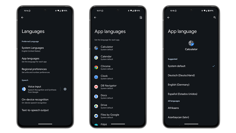 Screenshots showing the new per-App language settings on Android 14