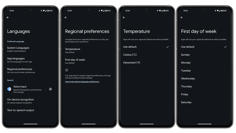 Screenshot der regionalen Einstellungen unter Android 14