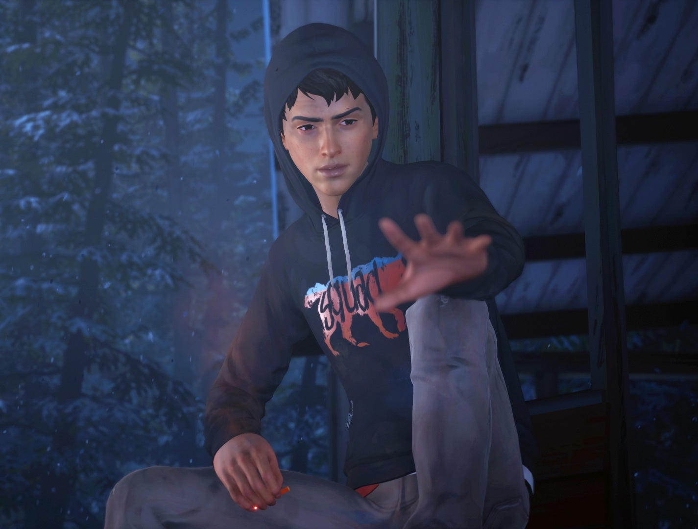 A forest road, night. Sean Diaz, a teenage boy in a dark 'Wolf Squad' hoodie, reaches out his hand, wishing for a power.